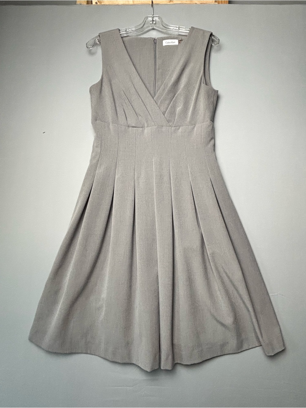 Calvin Klein Gray Fit & Flare Midi Dress Size 8 Sleeveless V-Neck Career Office